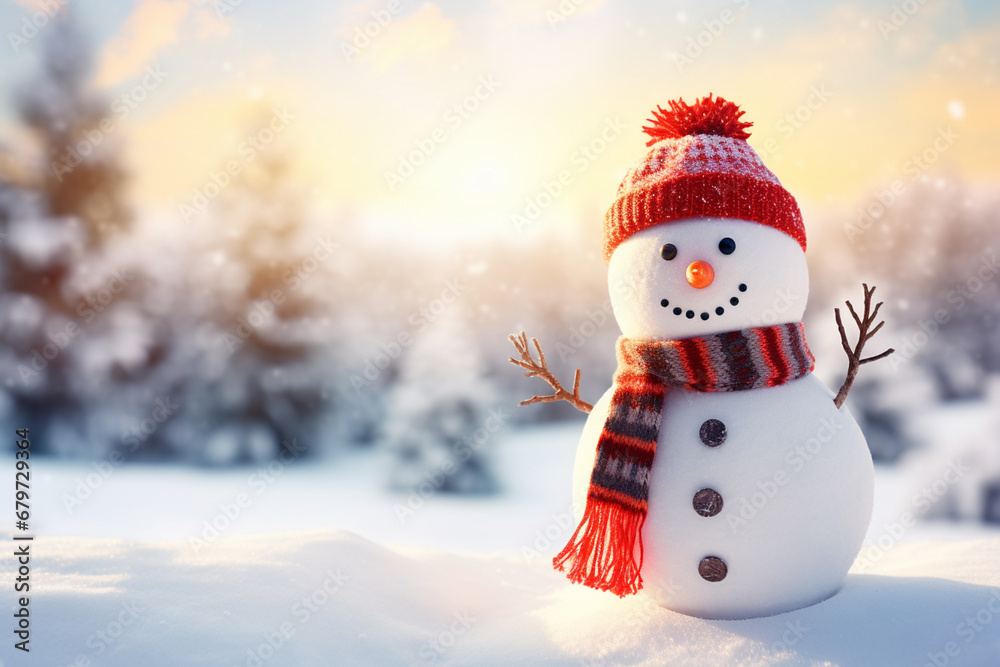 An image of a snowman wearing a Santa hat and scarf in a serene winter landscape, symbolizing the playful and festive spirit of Christmas.
