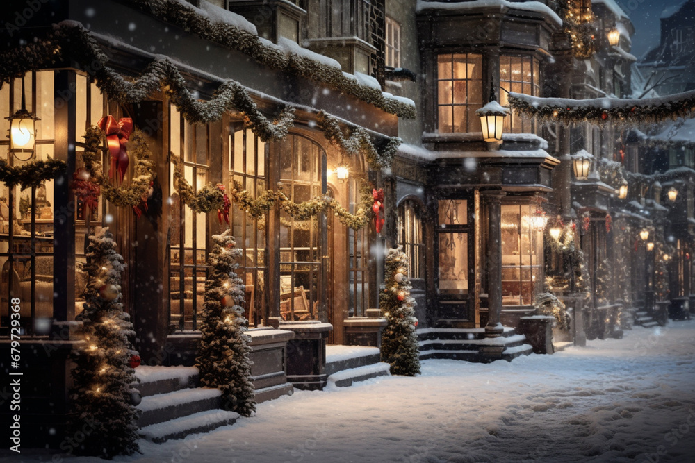 Fototapeta premium An image of a snow-covered street with storefronts adorned with Christmas decorations, capturing the festive atmosphere of holiday shopping.