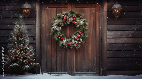 A festive wreath hanging on a wooden door with a dusting of snow, signaling the arrival of Christmas in a cozy, inviting home. © Oleksandr