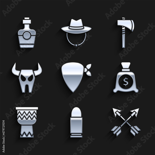 Set Cowboy bandana  Bullet  Crossed arrows  Money bag  Drum  Buffalo skull  Tomahawk axe and Tequila bottle icon. Vector