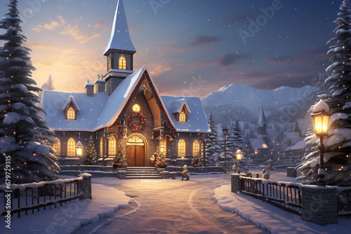 A snow-covered church with a warmly lit interior, depicting a peaceful and spiritual scene during the Christmas season.