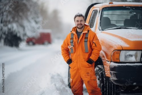 snowplow worker in overalls against the background of his car on a snow-covered road in the city.