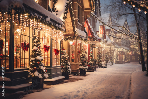 An image of a snow-covered street with storefronts adorned with Christmas decorations, capturing the festive atmosphere of holiday shopping. © Oleksandr