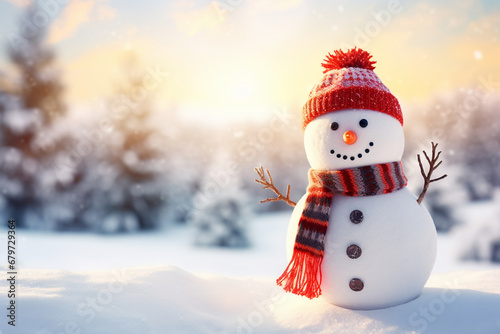 An image of a snowman wearing a Santa hat and scarf in a serene winter landscape, symbolizing the playful and festive spirit of Christmas. © Oleksandr