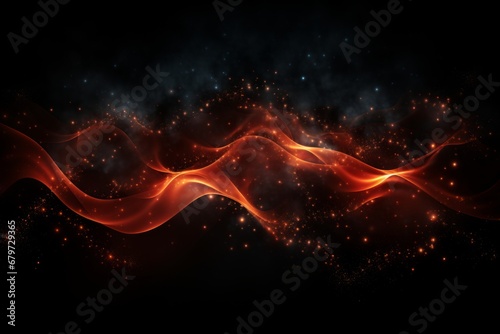 Dynamic digital red particles wave with sparkling shining dots stars, abstract background photo