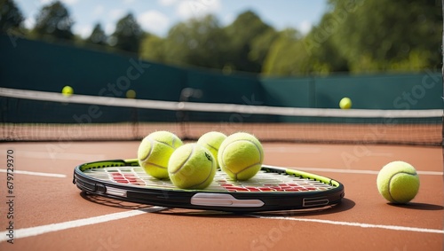 Close up of tennis rackets and tennis balls lying on tennis court. sport, tennis and activity. Generated with AI