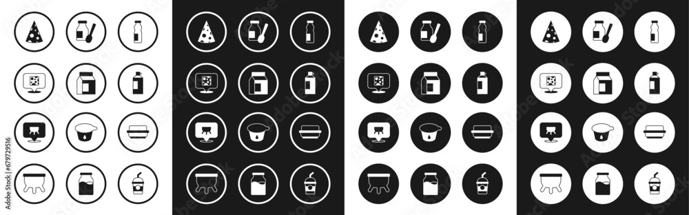 Set Drinking yogurt in bottle, Paper package for milk, Cheese, Whipped cream, Butter butter dish and Udder icon. Vector Set Drinking yogurt in bottle, Paper package for milk, Cheese, Whipped cream, Butter butter dish and Udder icon. Vector