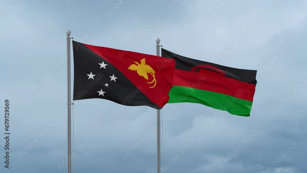 Malawi flag and Papua New Guinea flag waving together on cloudy sky, endless seamless loop, two country relations concept Malawi flag and Papua New Guinea flag waving together on cloudy sky, endless seamless loop, two country relations concept