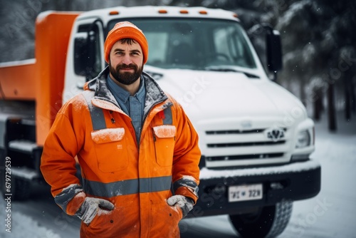 Man in orange jacket with hood standing near the truck in winter.