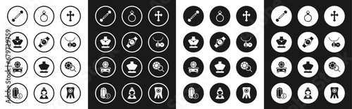 Set Christian cross, Wrist watch, Necklace on mannequin, Piercing, Locket necklace, Diamond engagement ring, Gem stone and icon. Vector