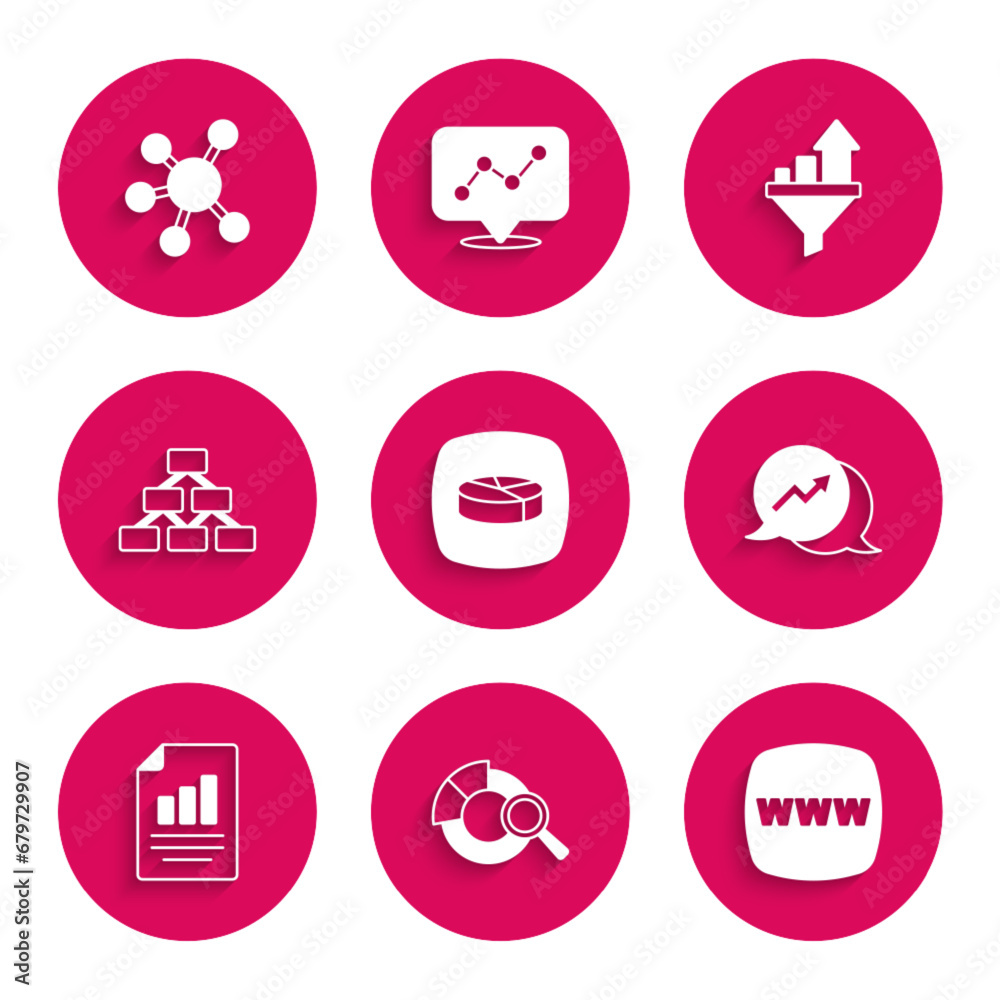Set Pie chart infographic, Search data analysis, Website template, Financial growth, Document with, Hierarchy organogram, Sales funnel and Project team base icon. Vector Set Pie chart infographic, Search data analysis, Website template, Financial growth, Document with, Hierarchy organogram, Sales funnel and Project team base icon. Vector