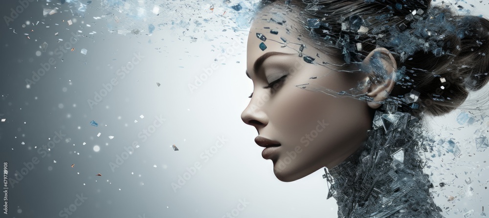 Female robot face ai concept on digital particles wave abstract background with stars and copy space
