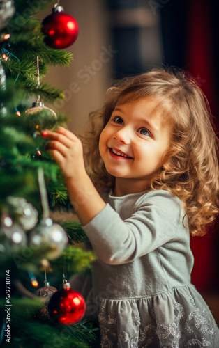 A beautiful smiling little girl is excited as she decorates the Christmas tree