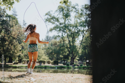 Athletic woman leads friends in a park workout. Jumping rope, stretching, and enjoying the sunny day for a healthy lifestyle. Positive results from persistent practice and motivation.