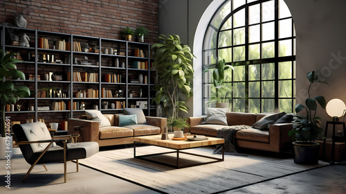3D rendering modern style living room background with plants  living room decoration design