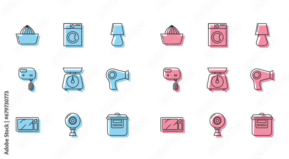 Set line Microwave oven, Web camera, Citrus fruit juicer, Slow cooker, Scales, Hair dryer, Electric mixer and Washer icon. Vector Set line Microwave oven, Web camera, Citrus fruit juicer, Slow cooker, Scales, Hair dryer, Electric mixer and Washer icon. Vector
