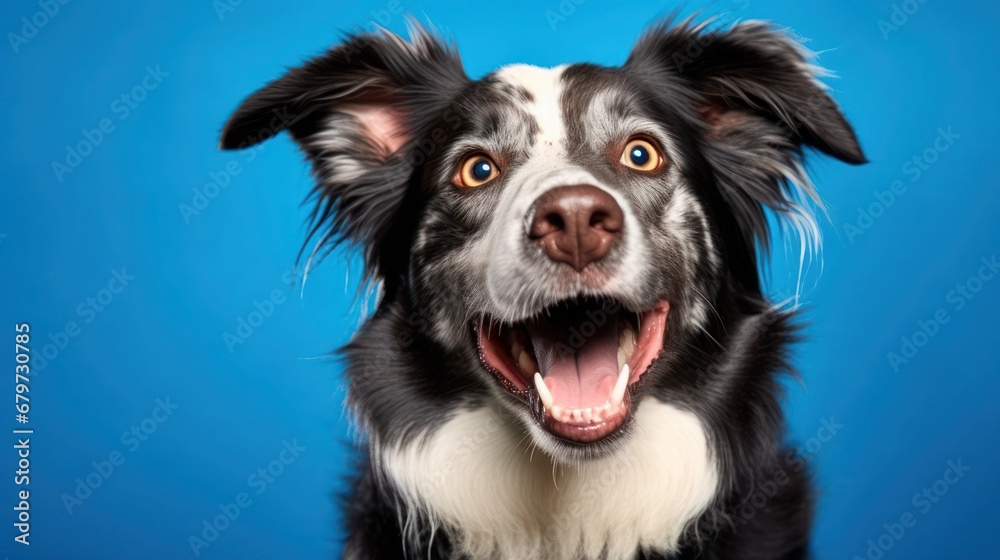 Fototapeta premium Cute happy dog celebrating at a birthday party, wearing a party hat with falling confetti