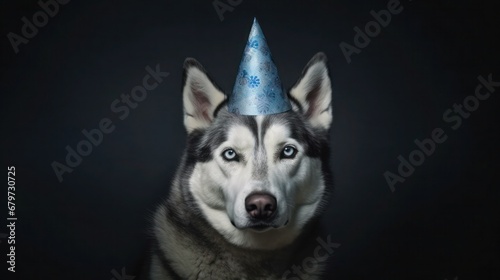 Cute happy dog celebrating at a birthday party  wearing a party hat with falling confetti