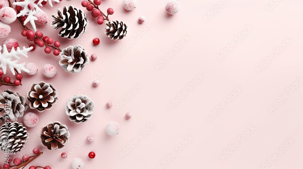 a pink christmas background with pine cones, candy and candy canes on a pink background with snowflakes. a pink christmas background with pine cones, candy and candy canes on a pink background with snowflakes.
