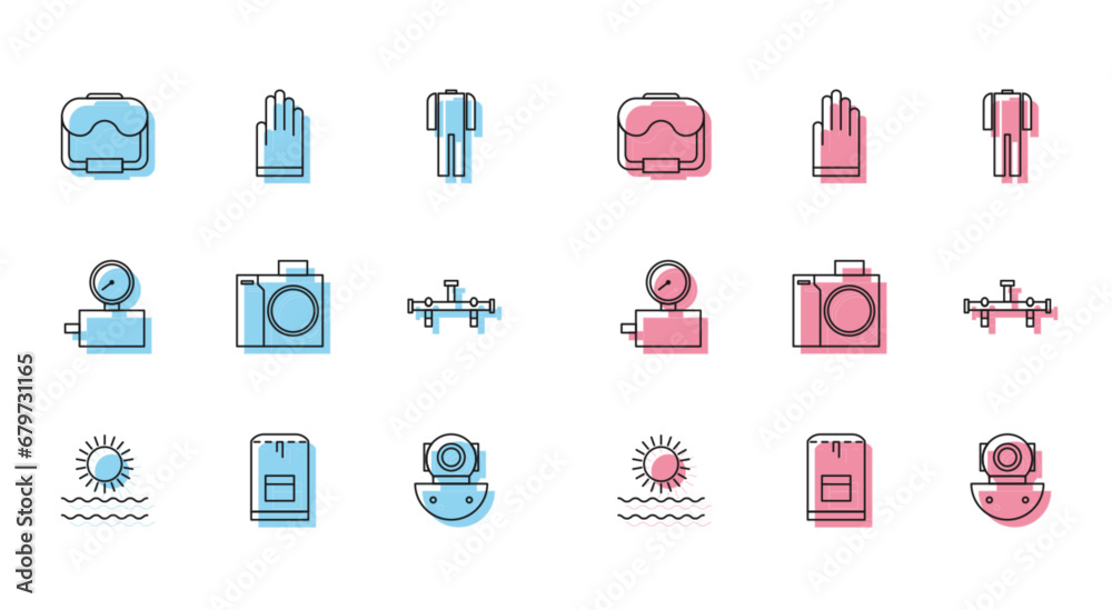 Set line Sun and waves, Backpack, Diving mask, Aqualung, Photo camera for diver, Manifold, Gauge scale and Gloves icon. Vector Set line Sun and waves, Backpack, Diving mask, Aqualung, Photo camera for diver, Manifold, Gauge scale and Gloves icon. Vector
