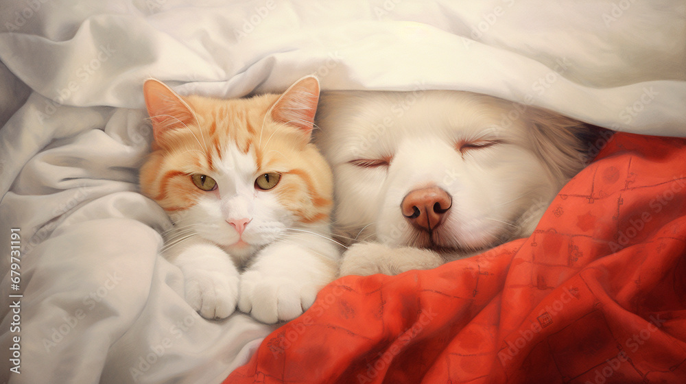 Kitten and puppy sleep in bed. Generative AI,