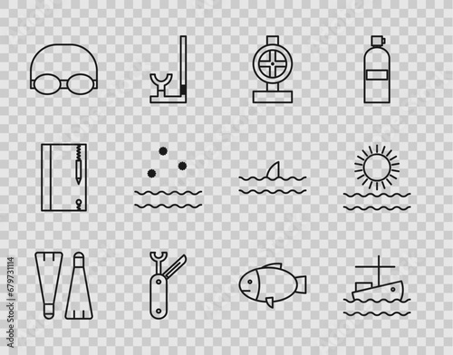 Set line Rubber flippers for swimming, Fishing boat on water, Industry metallic pipes and valve, Swiss army knife, Glasses cap, Cold waves, and Sun icon. Vector