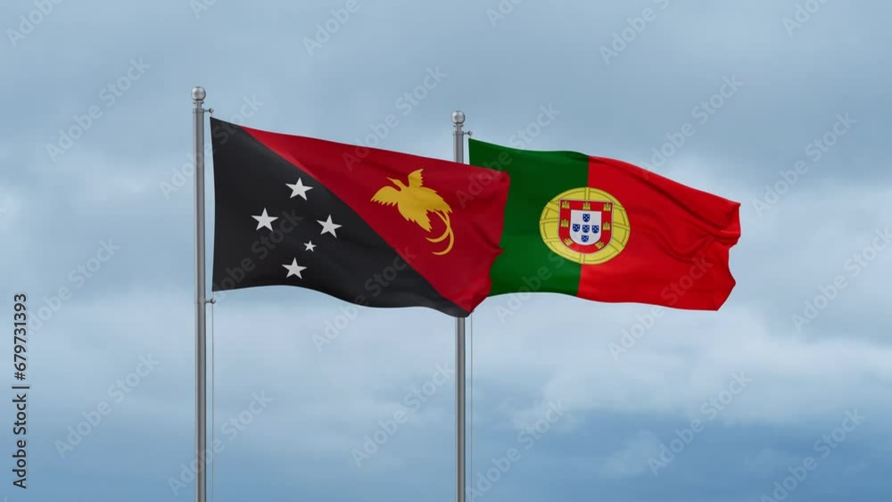 Portugal and Papua New Guinea flag waving together on cloudy sky, endless seamless loop, two country cooperation concept Portugal and Papua New Guinea flag waving together on cloudy sky, endless seamless loop, two country cooperation concept