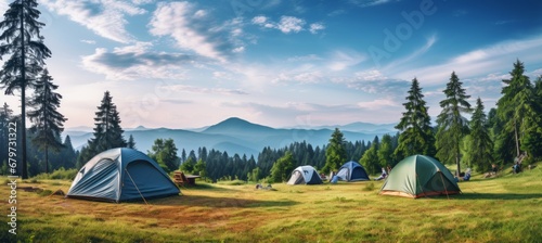 Idyllic campsite in the majestic mountains tent in the foreground on a sunny summer day photo