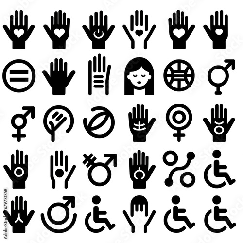 A collection of accessibility, gender, and diversity symbols in a simple black and white icon format