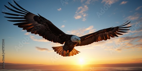 AI Generated. AI Generative. Wild american eagle bird flying in the blue air sky at golden sunset nature outdoor landscape. Graphic Art