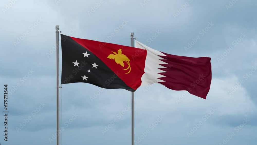 Qatar and Papua New Guinea flag waving together on cloudy sky, endless seamless loop, two country cooperation concept Qatar and Papua New Guinea flag waving together on cloudy sky, endless seamless loop, two country cooperation concept