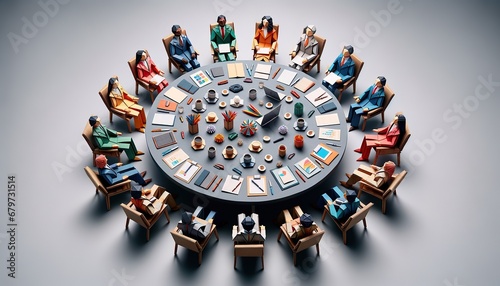 A diverse and vivid representation of a professional roundtable discussion, with participants engaged in conversation photo