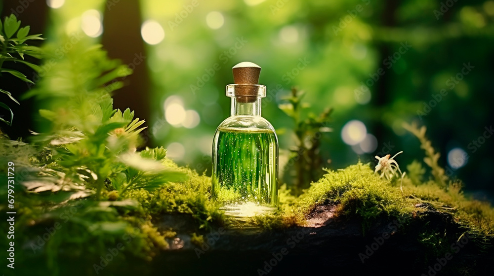 oil with moss on a forest background. Generative AI, oil with moss on a forest background. Generative AI,
