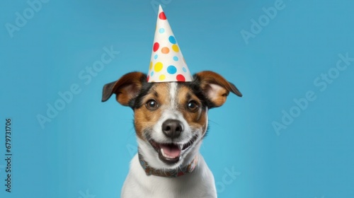 Cute happy dog celebrating at a birthday party, wearing a party hat with falling confetti © sambath