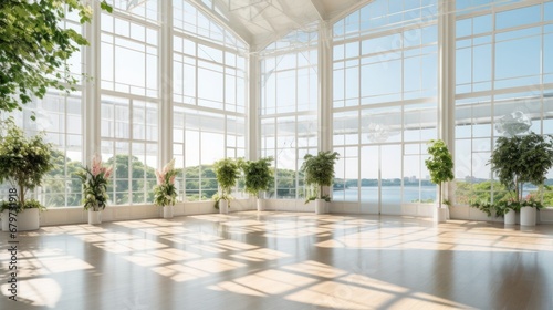 Space for large events in the atrium of the conservatory or greenhouse with large windows and natural sunlight