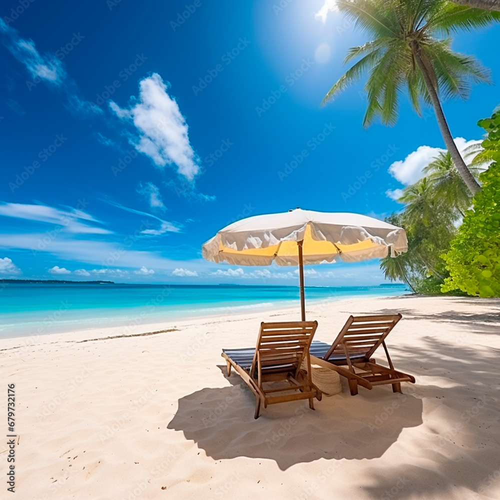 Two sun loungers on the exotic seashore. Generative AI,