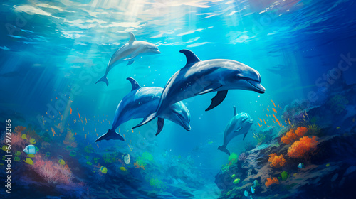 Dolphin in the sea underwater world. Generative AI, © Erik