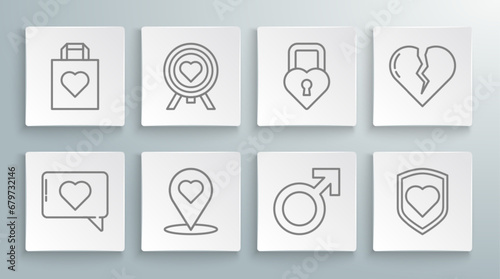 Set line Like and heart, Heart in the center of darts target aim, Map pointer with, Male gender symbol, shield, Castle shape, Broken or divorce and Shopping bag icon. Vector