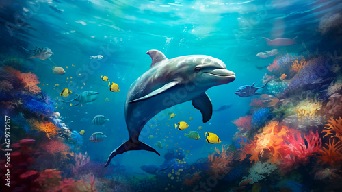 Dolphin in the sea underwater world. Generative AI,