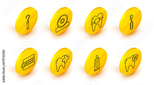 Set line Tooth with caries, Tube of toothpaste, Dental clinic for dental care, Dentures model, Toothbrush, Teeth braces, Otolaryngological head reflector and explorer scaler teeth icon. Vector