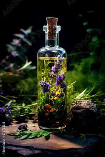 Tincture extract of herbs and flowers in a bottle. Generative AI,