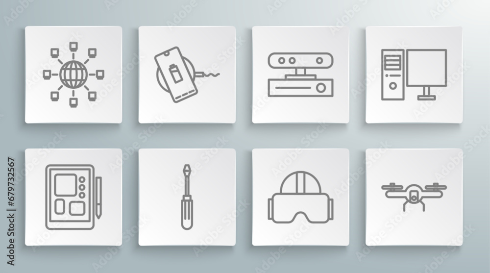 Set line Graphic tablet, Wireless charger, Screwdriver, Virtual reality glasses, Drone flying, Motion sensor, Computer monitor and Social network icon. Vector Set line Graphic tablet, Wireless charger, Screwdriver, Virtual reality glasses, Drone flying, Motion sensor, Computer monitor and Social network icon. Vector