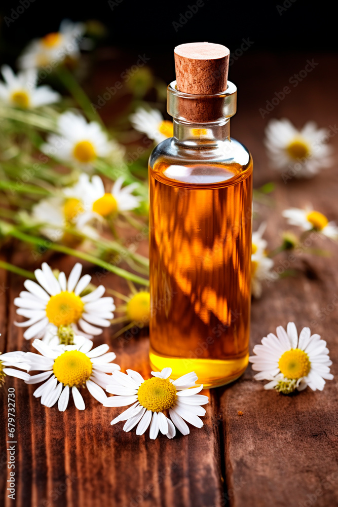 Chamomile essential oil on a wooden background. Generative AI, Chamomile essential oil on a wooden background. Generative AI,