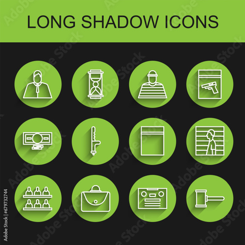 Set line Jurors, Briefcase, Lawyer, attorney, jurist, Retro audio cassette tape, Judge gavel, Police rubber baton, Suspect criminal and Plastic bag with ziplock icon. Vector