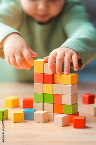 A child collects wooden construction blocks. Generative AI,