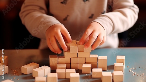 A child collects wooden construction blocks. Generative AI,