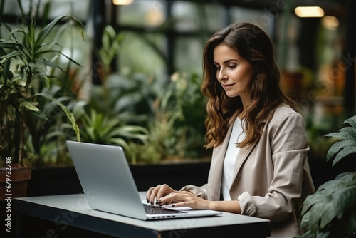 Image of a beautiful young business woman indoors in cafe using laptop computer.