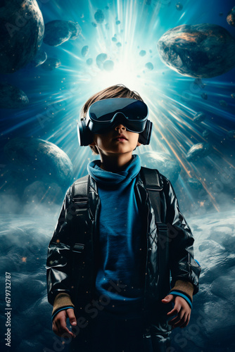 The child looks into virtual reality glasses. Generative AI,