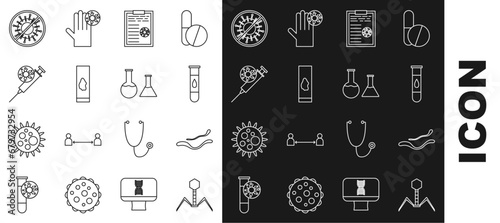 Set line Bacteria bacteriophage, Ebola virus disease, Blood test and, Clipboard with blood results, Syringe, Stop and Test tube flask icon. Vector photo
