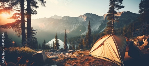 Stunning mountain campsite with vibrant tent, a perfect summer getaway for adventurous tourists photo